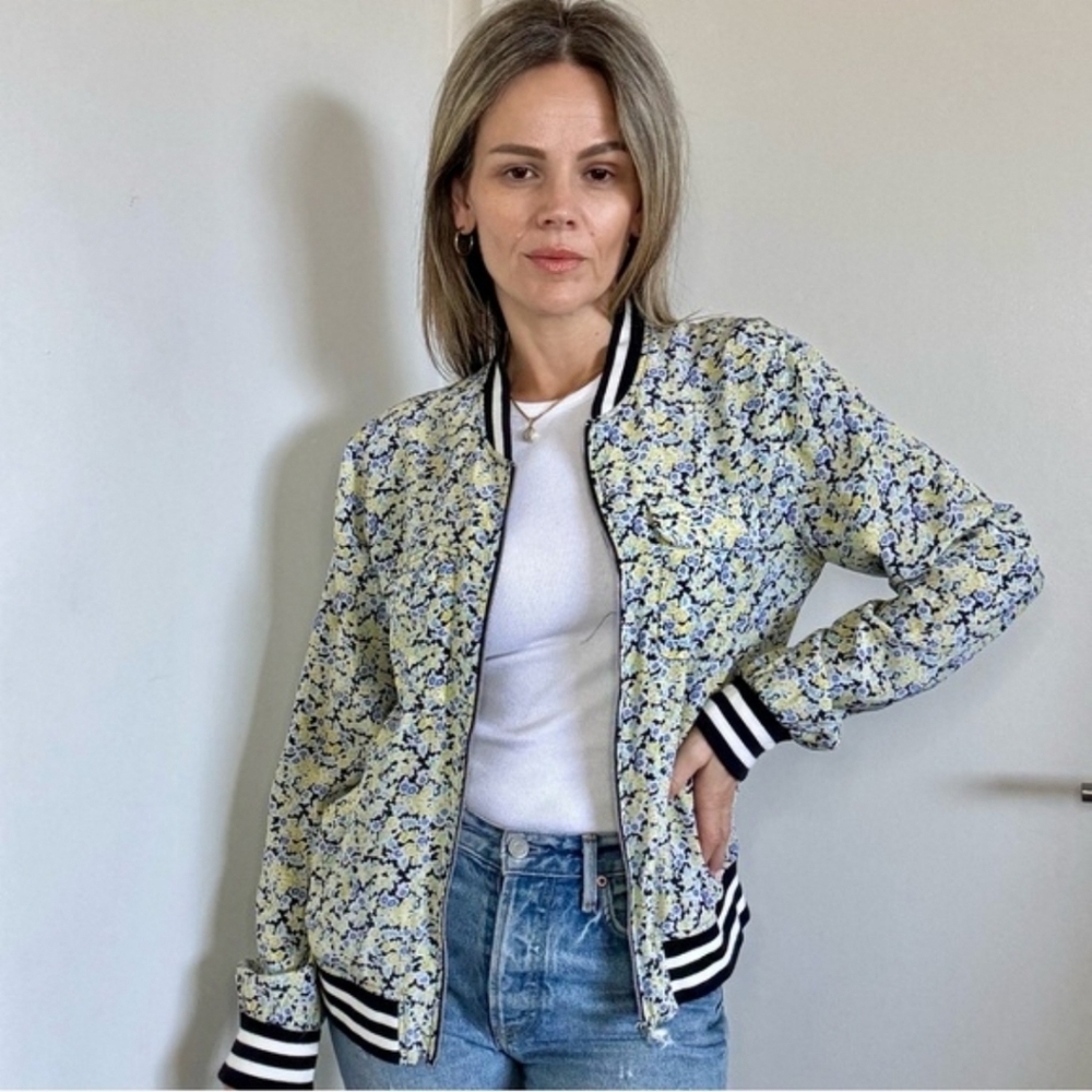 Equipment Abbott Bomber Jacket Coat Zip Up Pure Silk Floral Flowers Size XS - Picture 1 of 16
